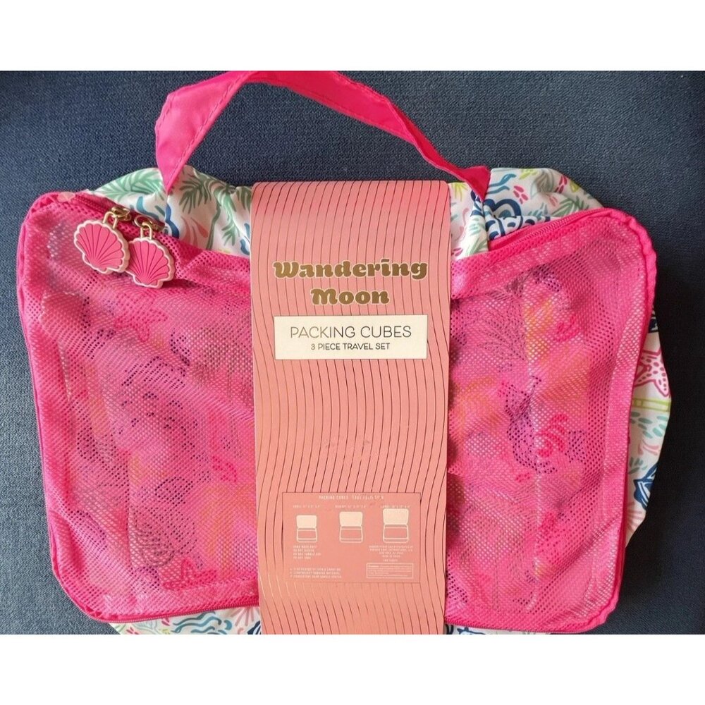 WANDERING MOON 3-Pc Packing Cube Set Seashell Mermaid Palms TRAVELER Gift Travel - Picture 3 of 5